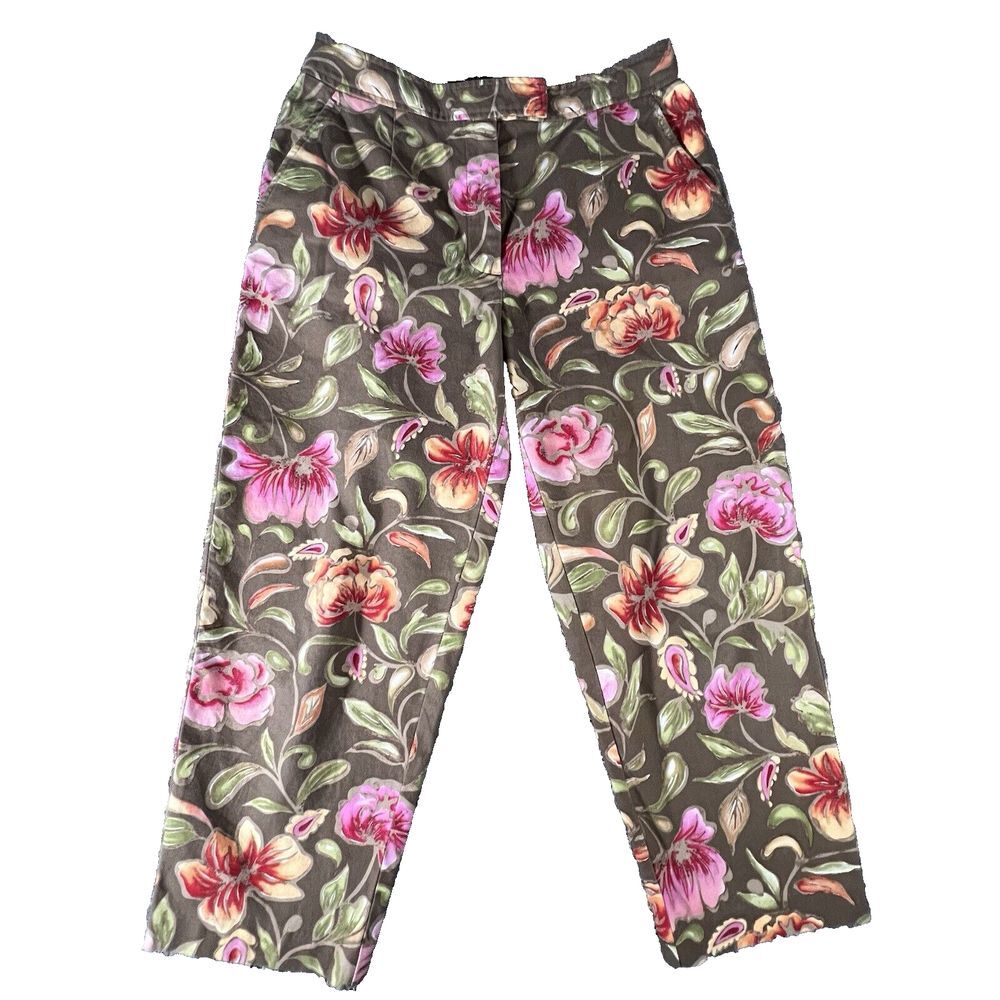 Vintage Talbots Woman’s Size 6P Stretch Brown Floral Cotton Blend Capri Pants